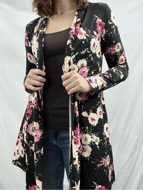 Black Floral Open Drape-Front Women's Cardigan with Pink Accents